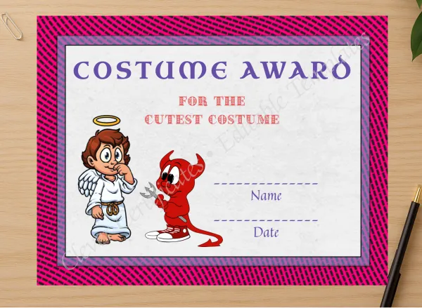 Professional preview of Best Costume Award 8 certificate on high-quality stationery paper, ideal for showcasing the final look.
