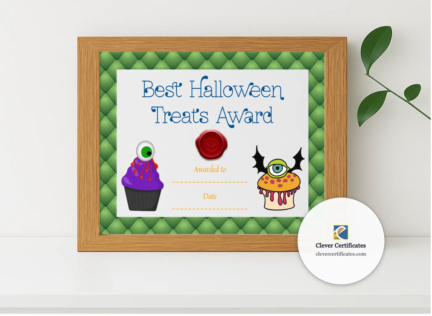 Realistic mockup featuring Best Halloween Treats Award displayed within a modern frame, set against a minimalistic background.