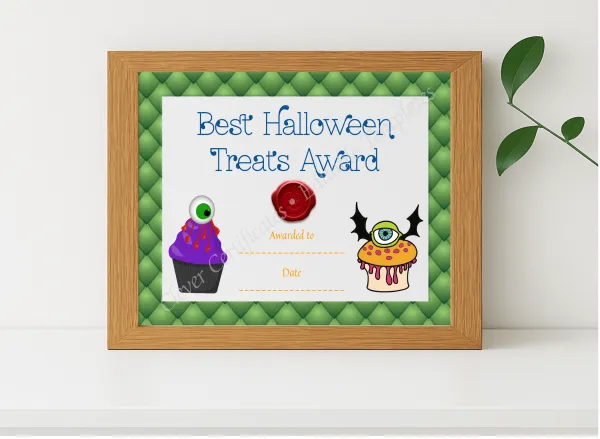 Realistic mockup featuring Best Halloween Treats Award displayed within a modern frame, set against a minimalistic background.