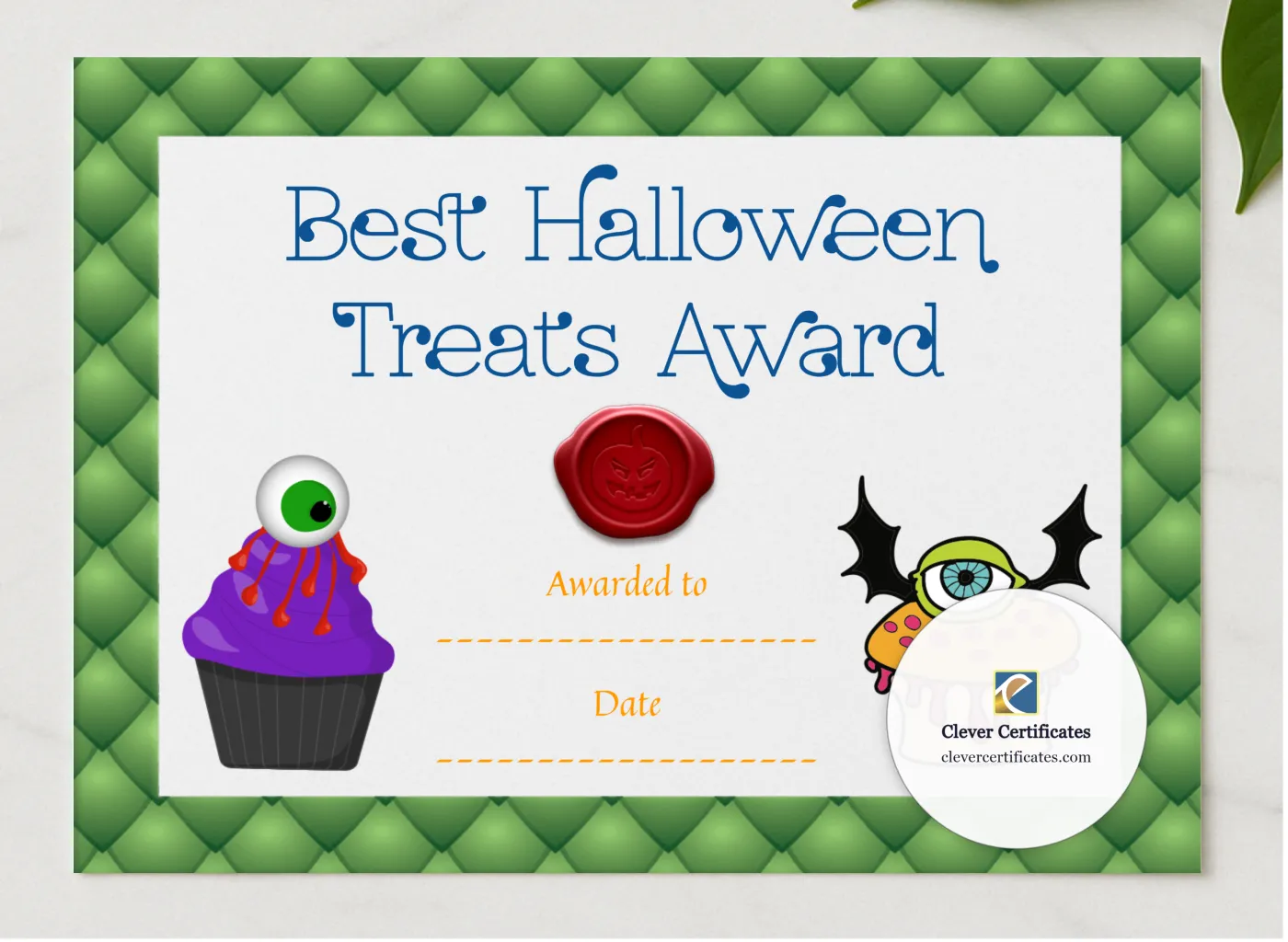 Best Halloween Treats Award presented in a sleek wooden frame, elegantly arranged on a stylish table.