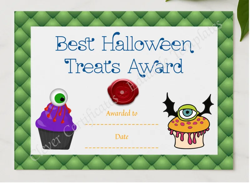 Best Halloween Treats Award presented in a sleek wooden frame, elegantly arranged on a stylish table.