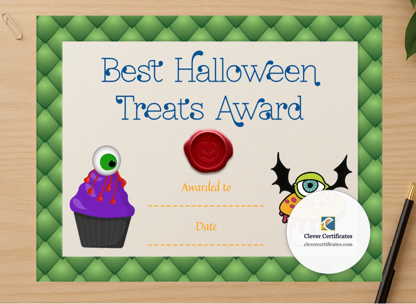 Professional preview of Best Halloween Treats Award certificate on high-quality stationery paper, ideal for showcasing the final look.