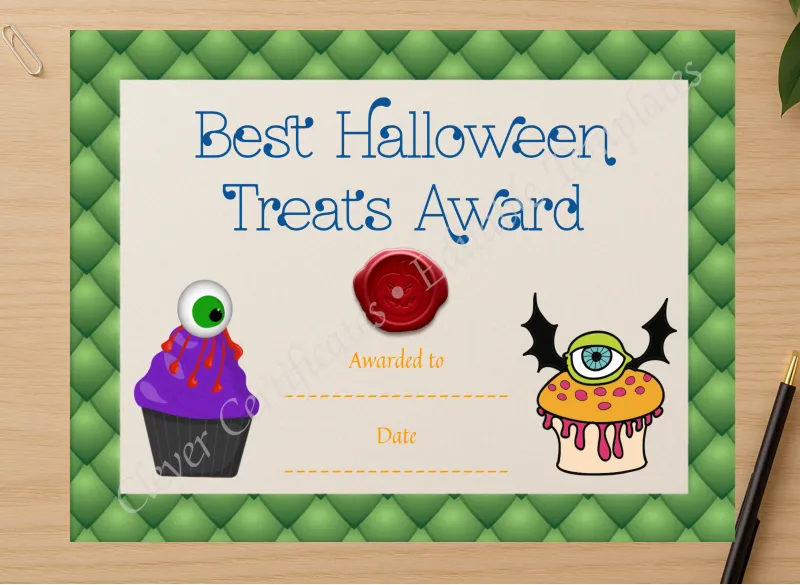 Professional preview of Best Halloween Treats Award certificate on high-quality stationery paper, ideal for showcasing the final look.