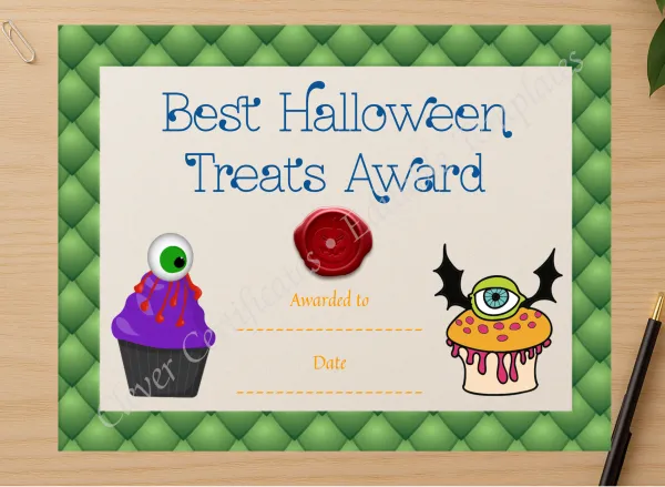 Professional preview of Best Halloween Treats Award certificate on high-quality stationery paper, ideal for showcasing the final look.