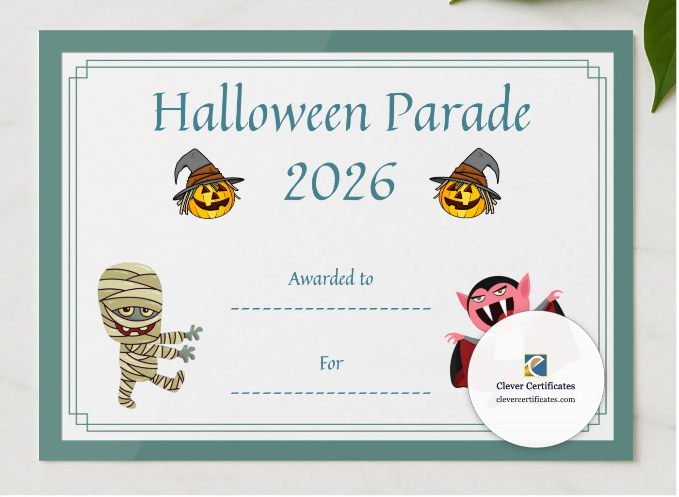 Halloween Parade Certificate presented in a sleek wooden frame, elegantly arranged on a stylish table.