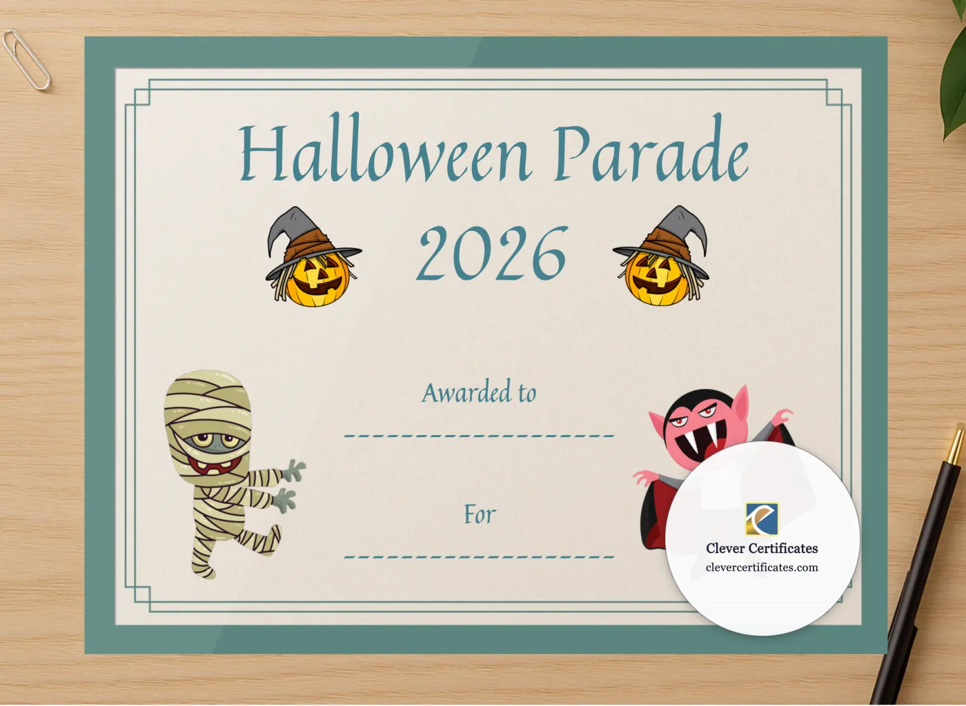 Professional preview of Halloween Parade Certificate certificate on high-quality stationery paper, ideal for showcasing the final look.
