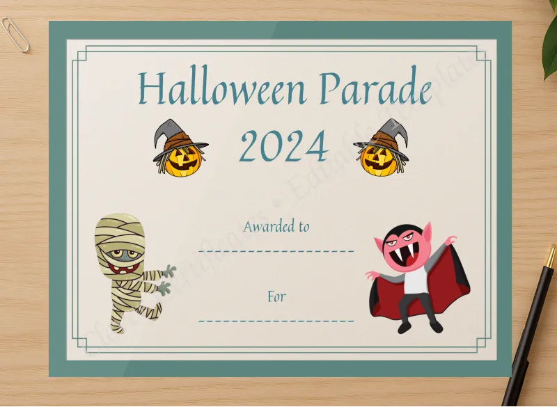 Professional preview of Halloween Parade Certificate certificate on high-quality stationery paper, ideal for showcasing the final look.
