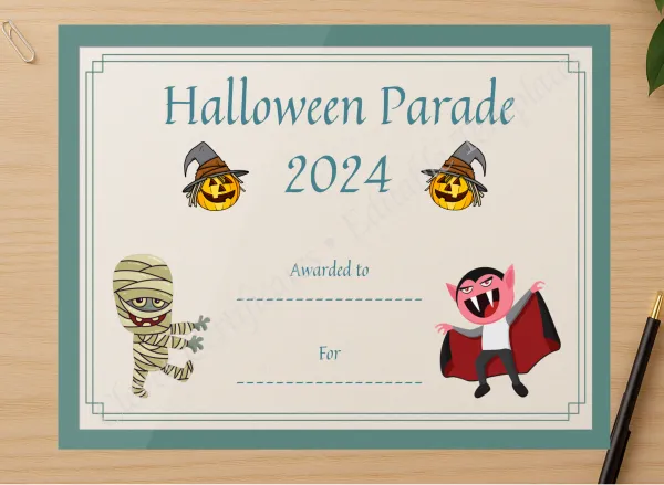 Professional preview of Halloween Parade Certificate certificate on high-quality stationery paper, ideal for showcasing the final look.