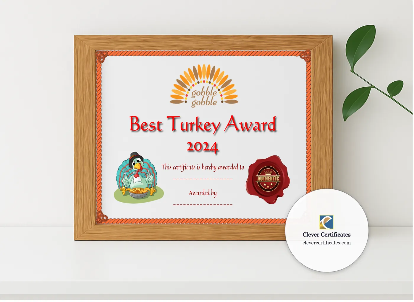 Realistic mockup featuring Best Thanksgiving Turkey Award 2 displayed within a modern frame, set against a minimalistic background.