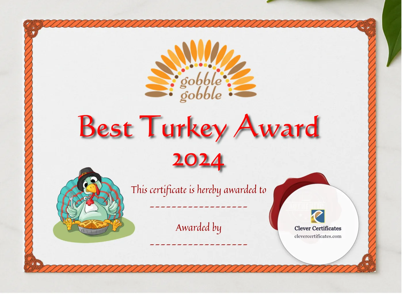 Best Thanksgiving Turkey Award 2 presented in a sleek wooden frame, elegantly arranged on a stylish table.