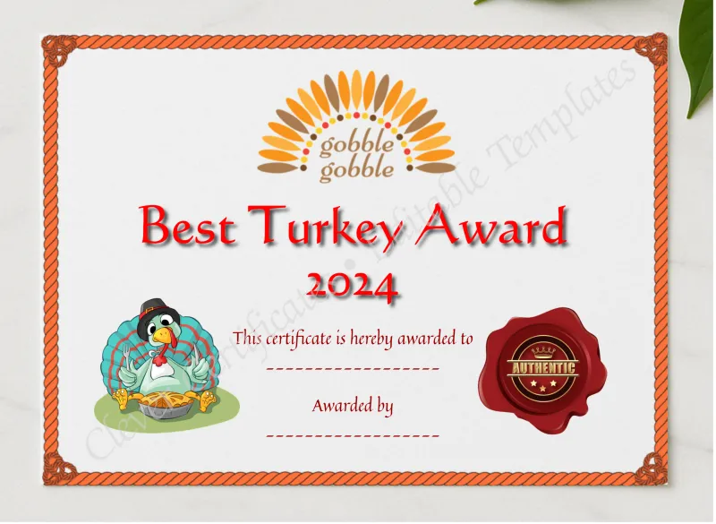Best Thanksgiving Turkey Award 2 presented in a sleek wooden frame, elegantly arranged on a stylish table.