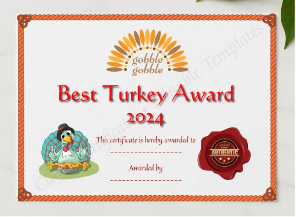 Best Thanksgiving Turkey Award 2 presented in a sleek wooden frame, elegantly arranged on a stylish table.