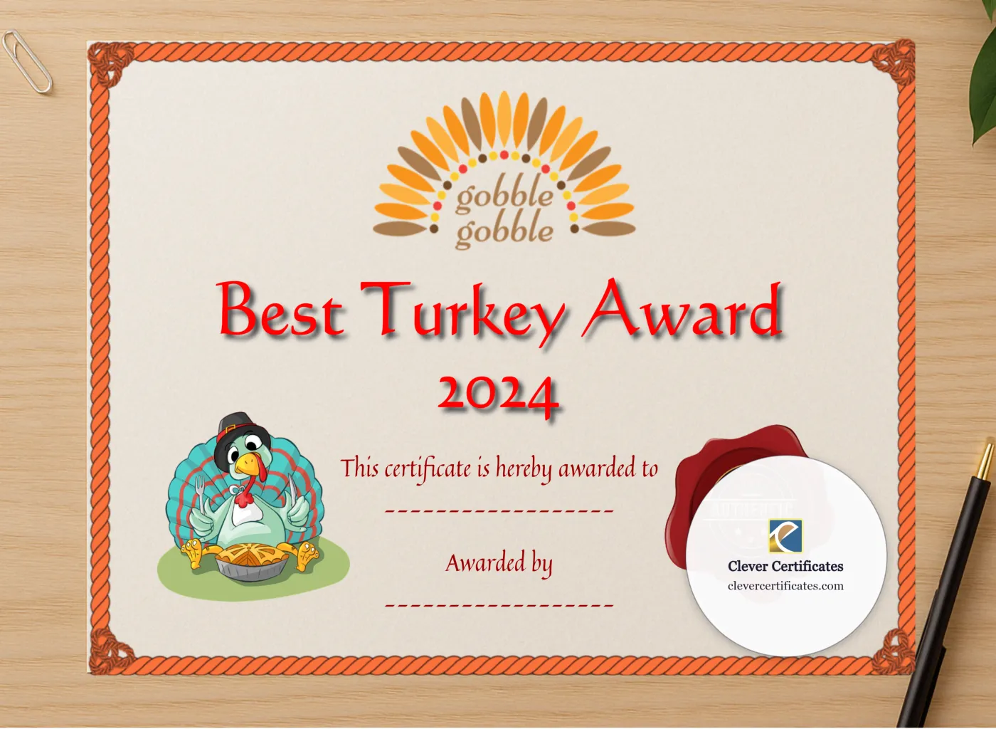Professional preview of Best Thanksgiving Turkey Award 2 certificate on high-quality stationery paper, ideal for showcasing the final look.