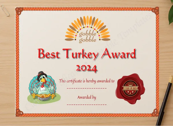 Professional preview of Best Thanksgiving Turkey Award 2 certificate on high-quality stationery paper, ideal for showcasing the final look.