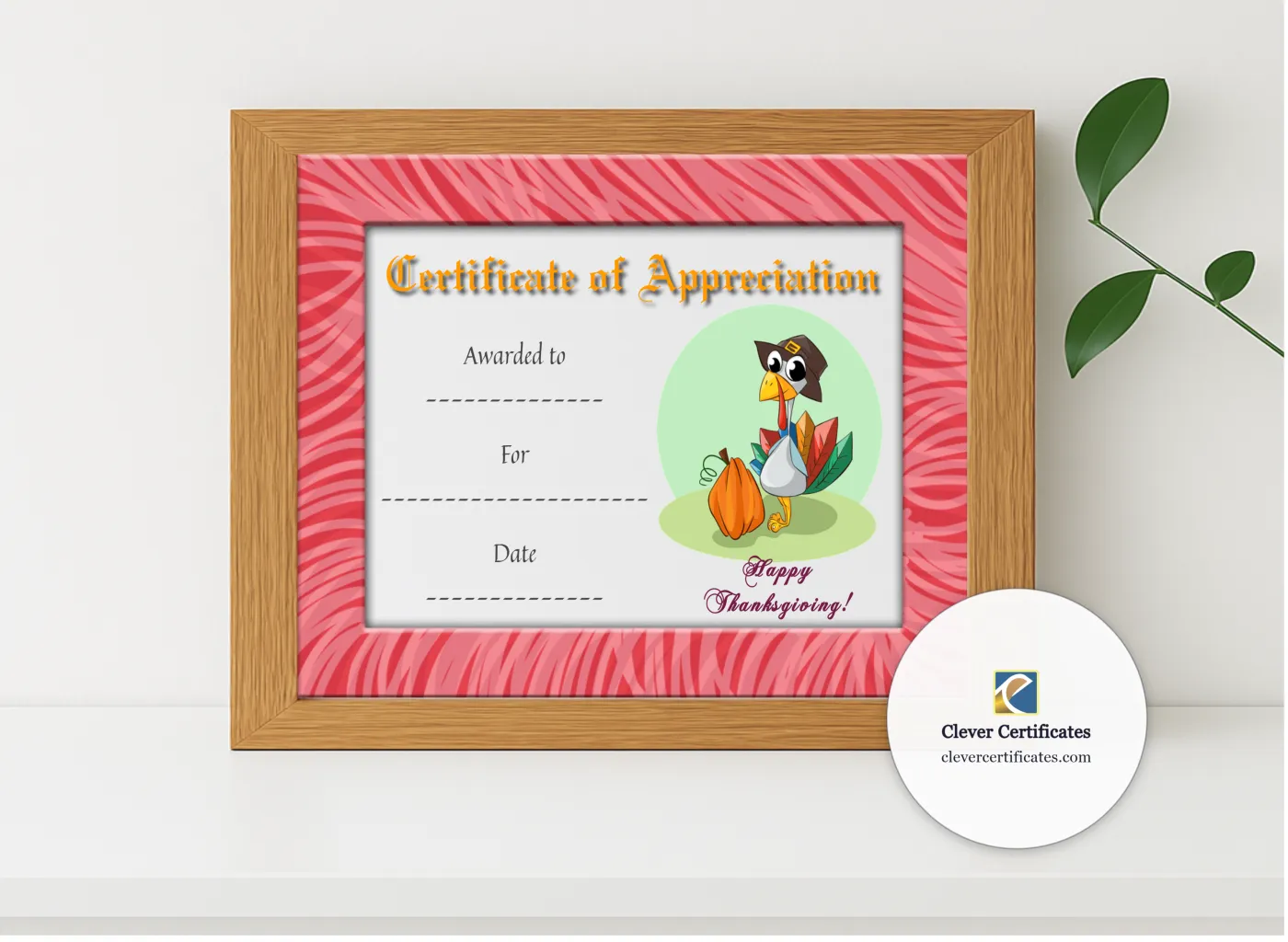 Realistic mockup featuring Thanksgiving Appreciation Certificate displayed within a modern frame, set against a minimalistic background.