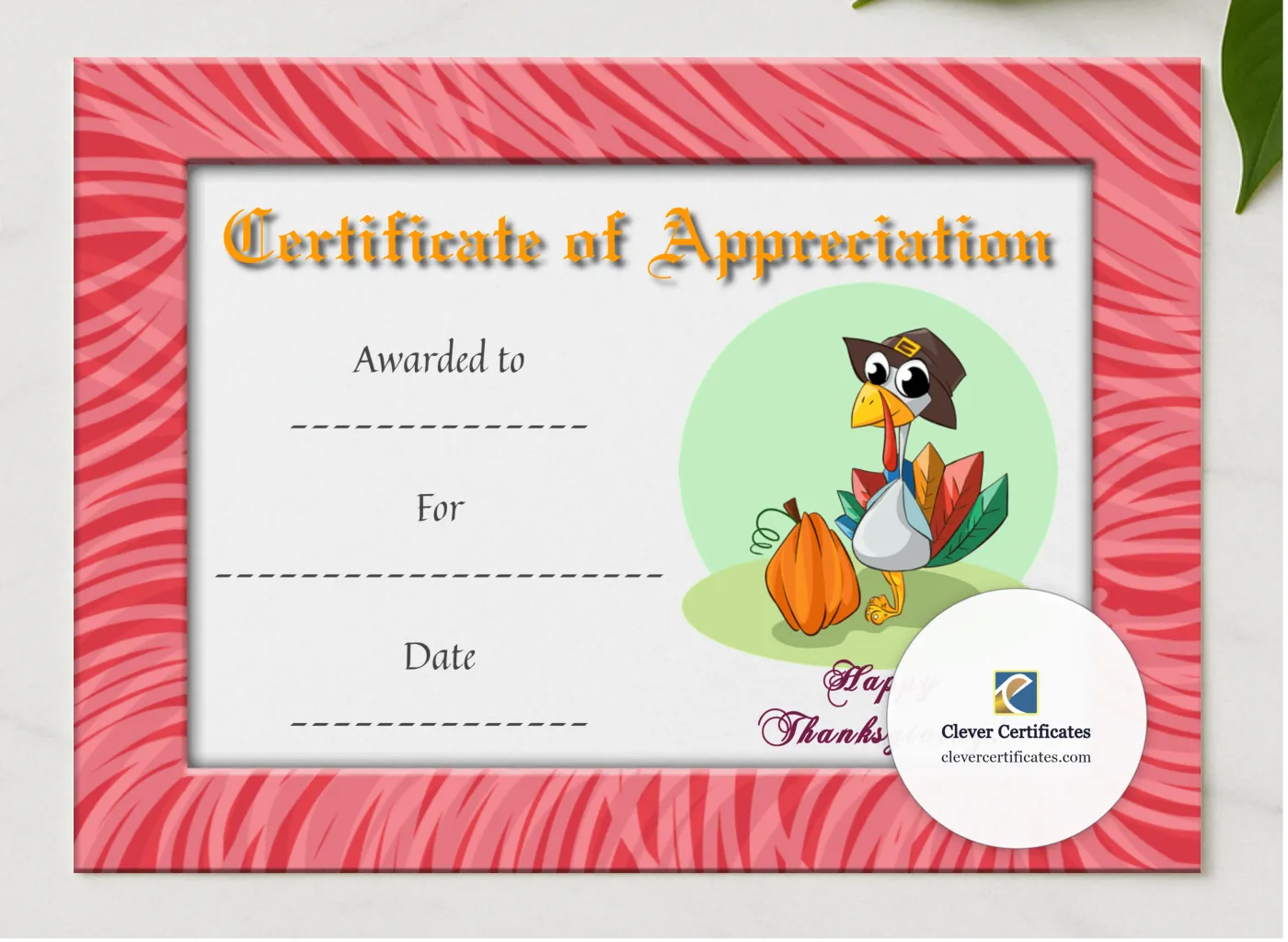 Thanksgiving Appreciation Certificate presented in a sleek wooden frame, elegantly arranged on a stylish table.