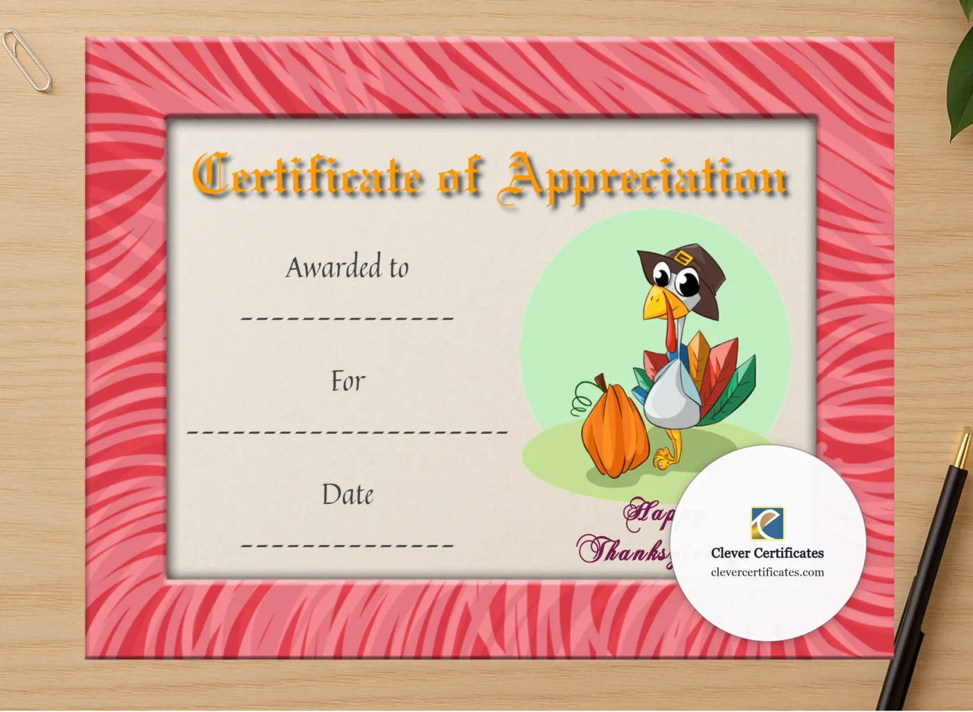 Professional preview of Thanksgiving Appreciation Certificate certificate on high-quality stationery paper, ideal for showcasing the final look.