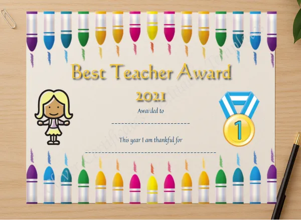 Professional preview of Best Teacher Award 2 certificate on high-quality stationery paper, ideal for showcasing the final look.