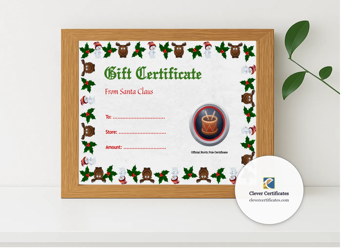 Realistic mockup featuring Christmas Gift Certificate 3 displayed within a modern frame, set against a minimalistic background.