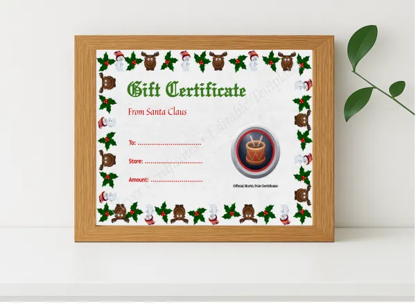 Realistic mockup featuring Christmas Gift Certificate 3 displayed within a modern frame, set against a minimalistic background.