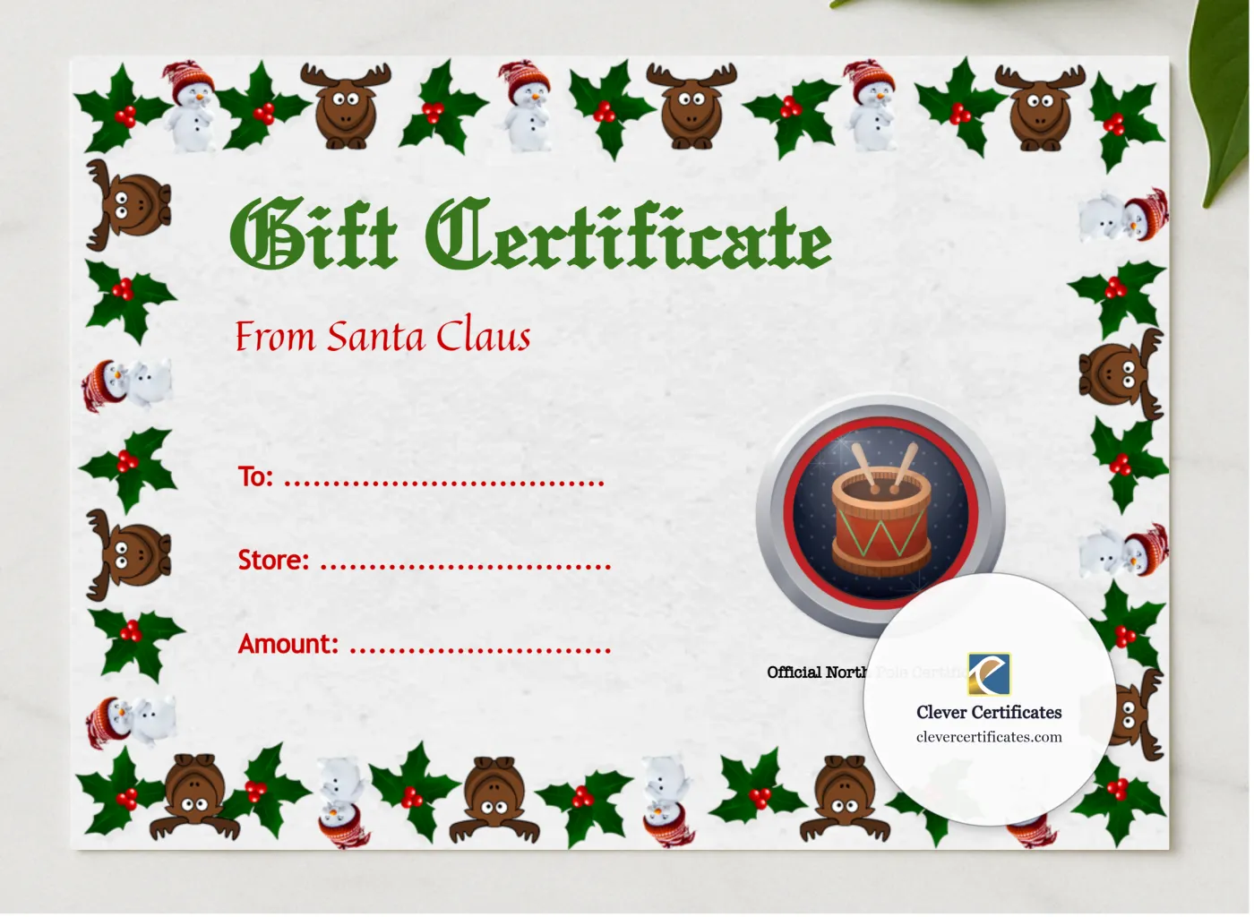 Christmas Gift Certificate 3 presented in a sleek wooden frame, elegantly arranged on a stylish table.
