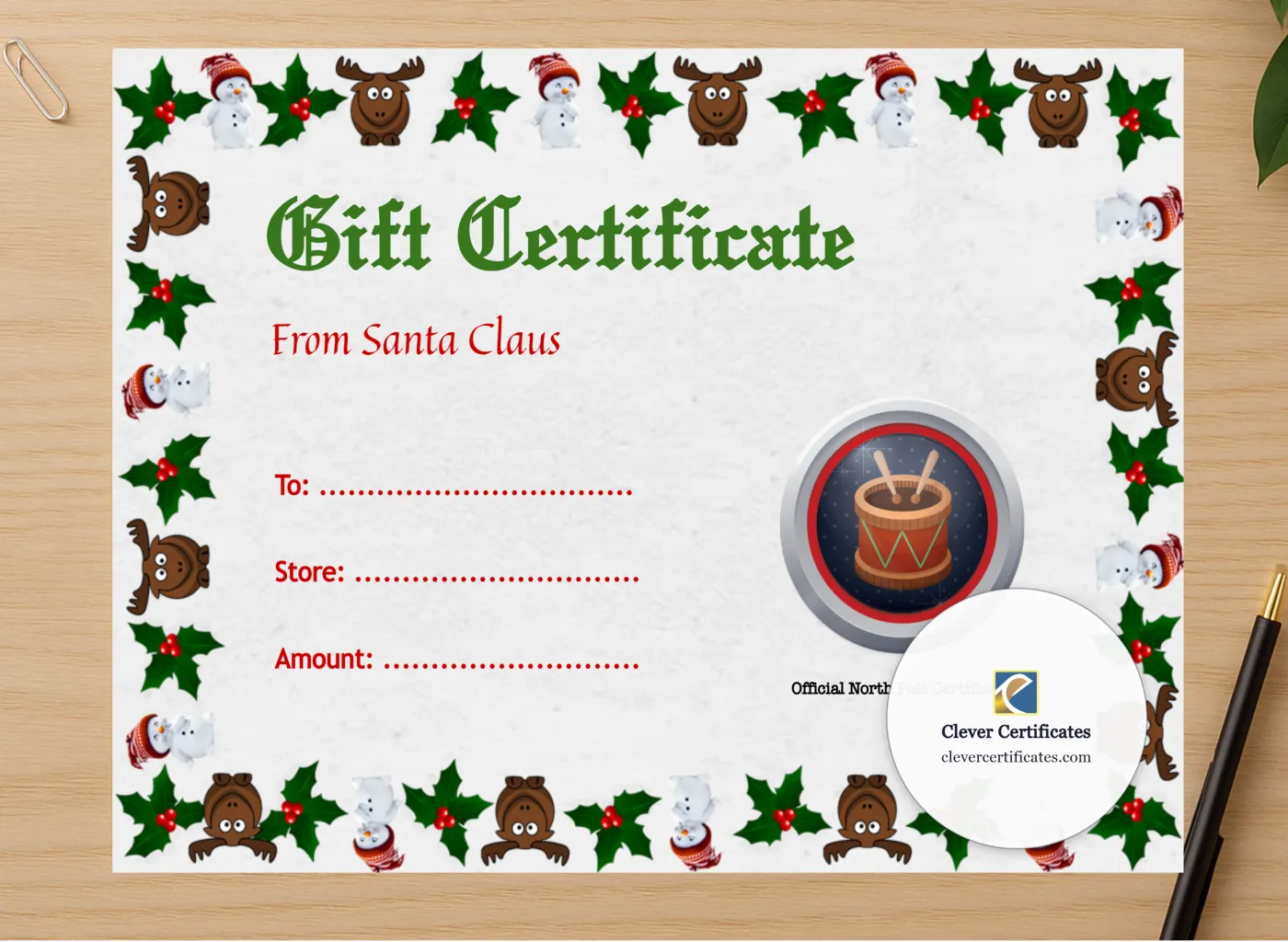 Professional preview of Christmas Gift Certificate 3 certificate on high-quality stationery paper, ideal for showcasing the final look.