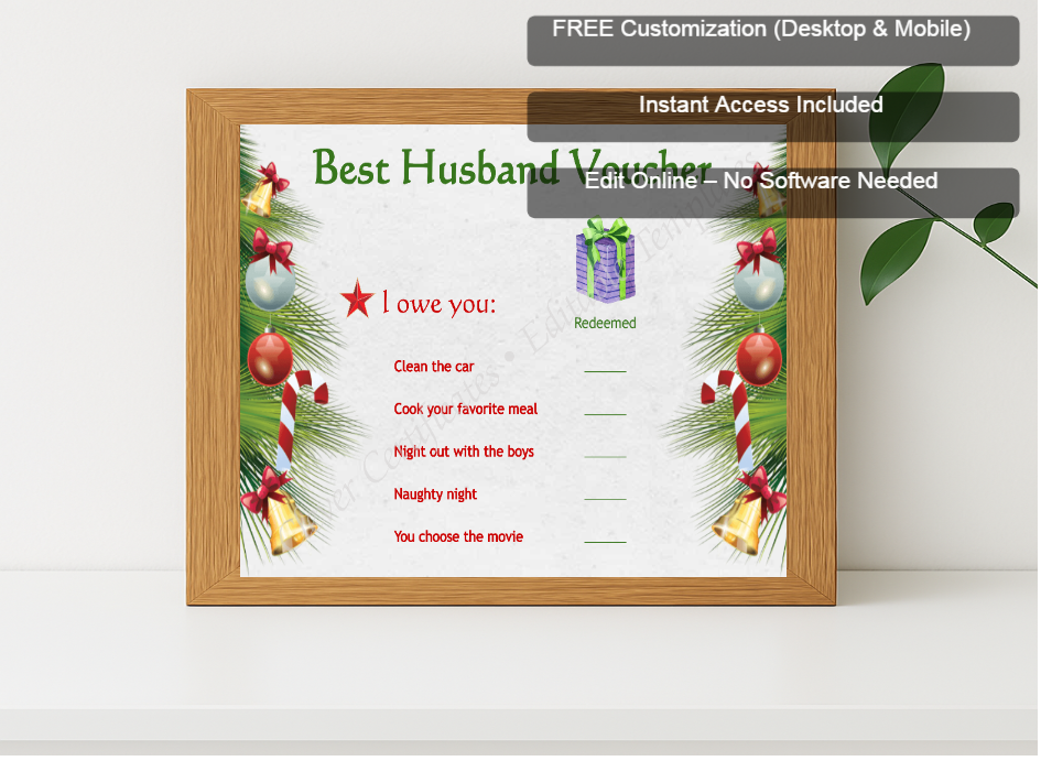 Premium mockup with Free Editor badge stack for Best Husband Voucher