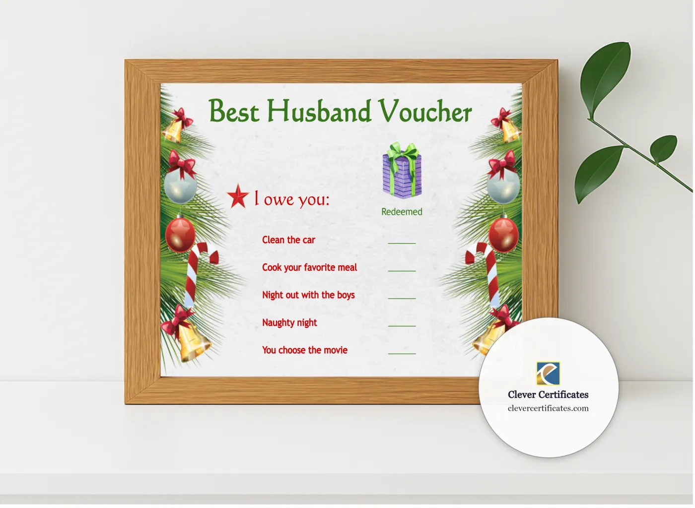 Realistic mockup featuring Best Husband Voucher displayed within a modern frame, set against a minimalistic background.