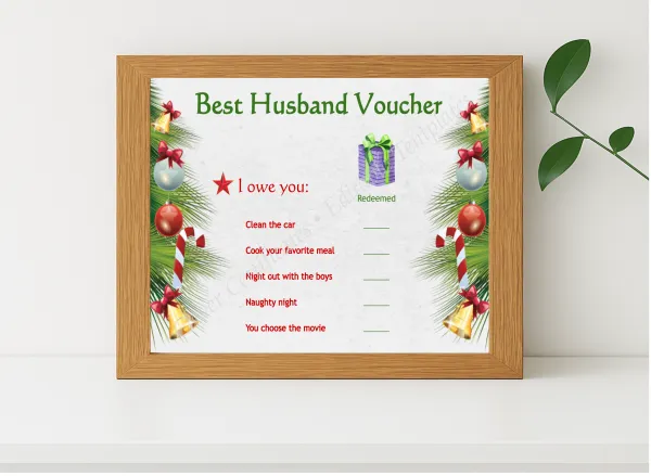 Realistic mockup featuring Best Husband Voucher displayed within a modern frame, set against a minimalistic background.