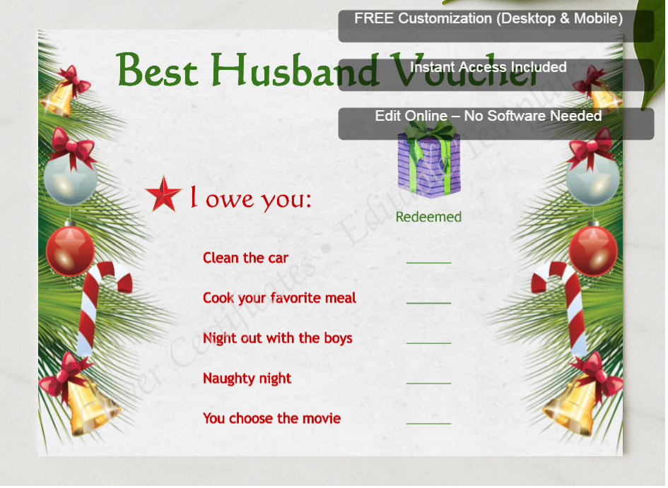 Framed preview featuring Free Editor badge stack for Best Husband Voucher