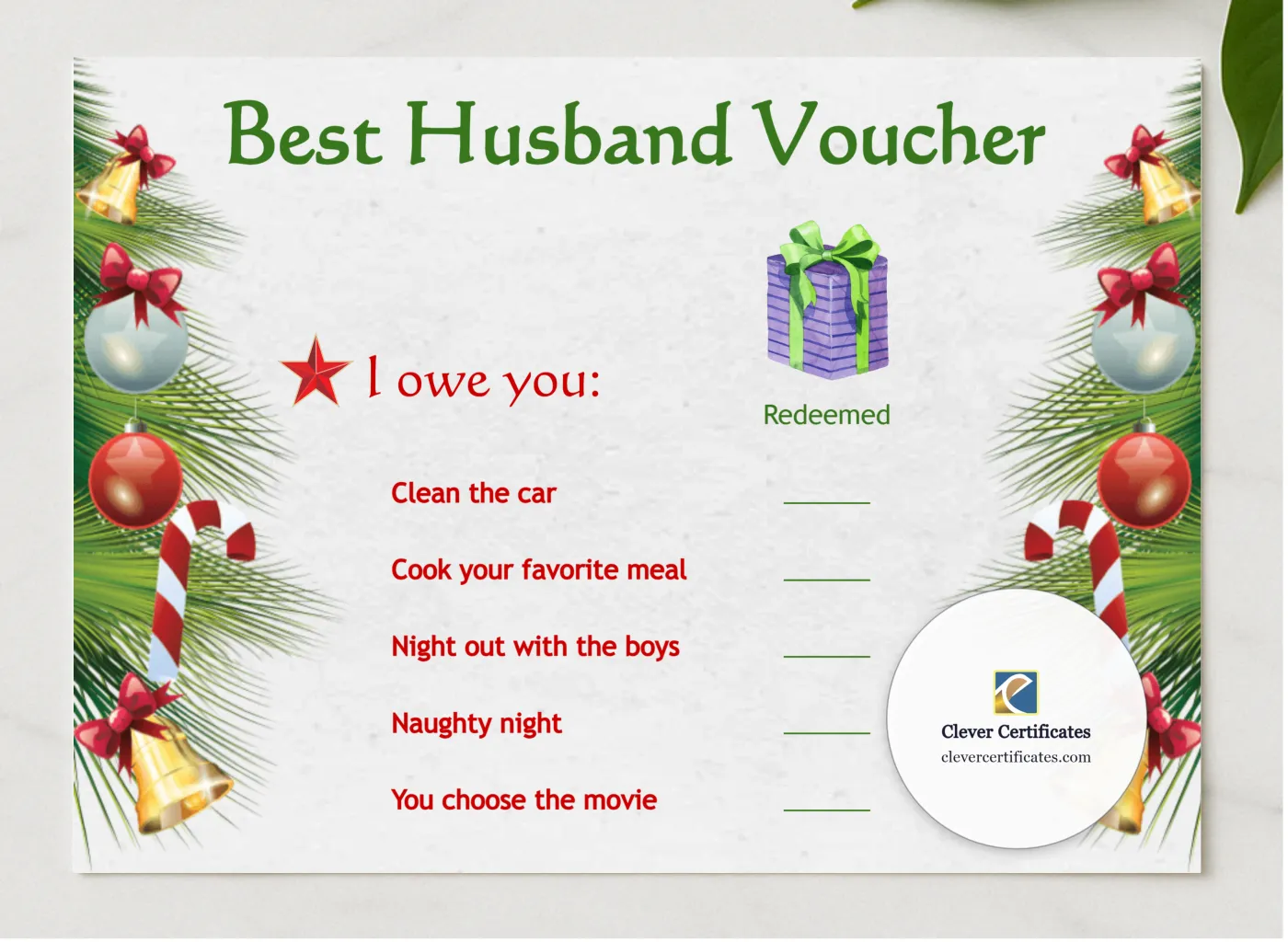 Best Husband Voucher presented in a sleek wooden frame, elegantly arranged on a stylish table.