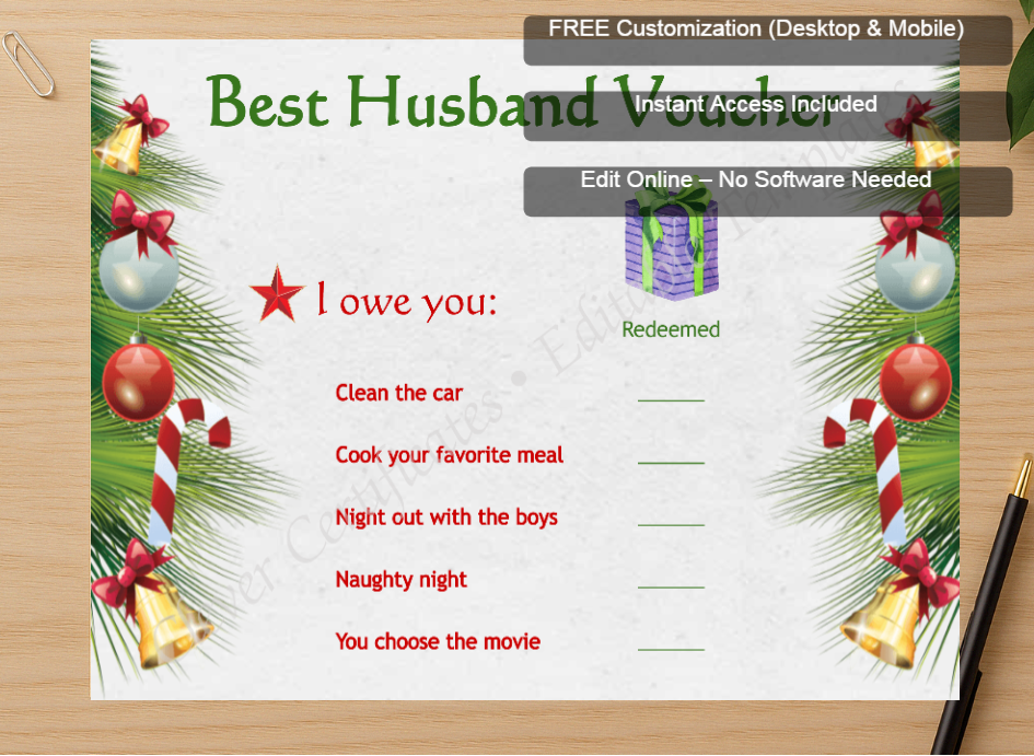 Zoomed preview with Free Editor badge stack for Best Husband Voucher