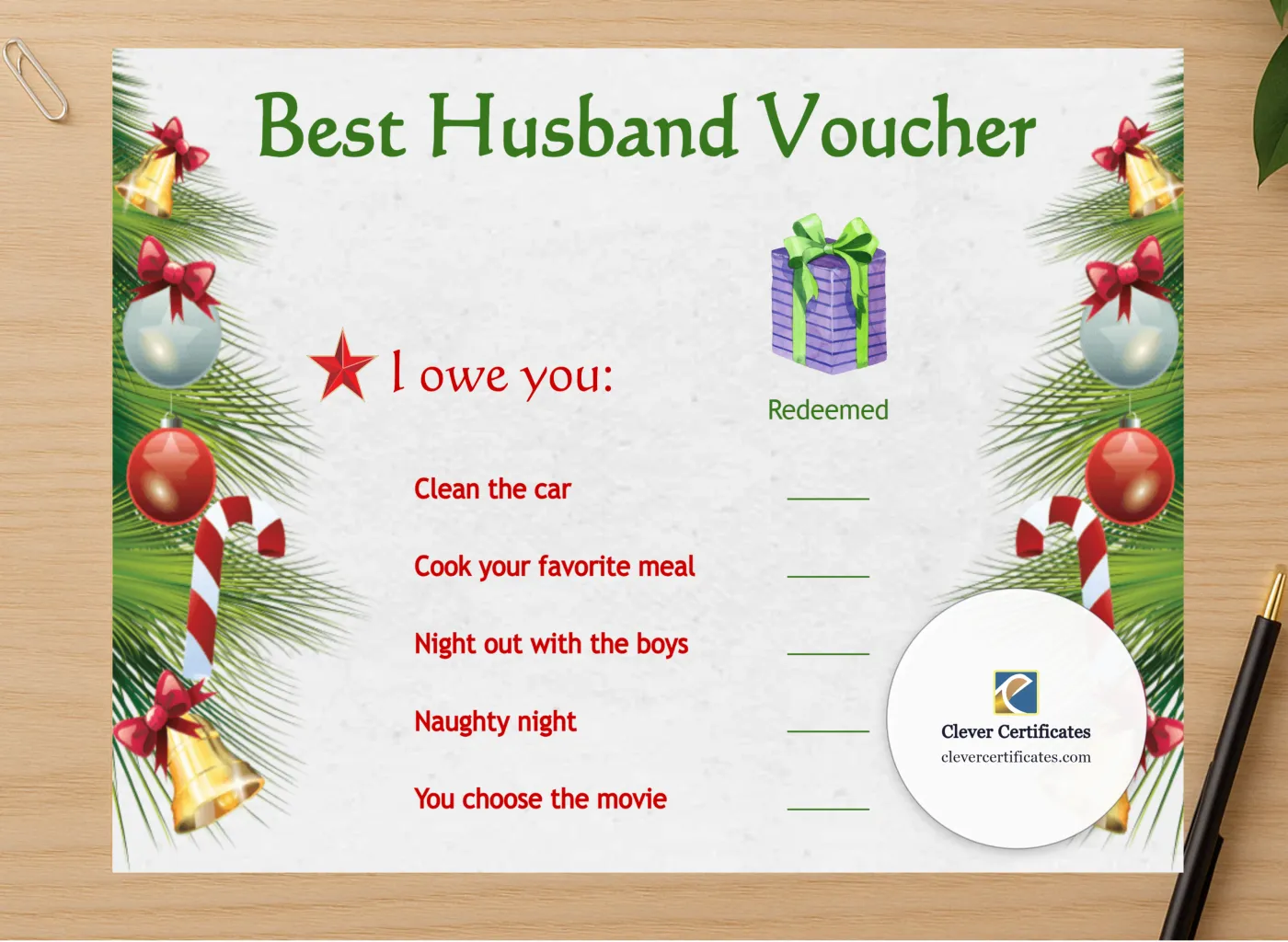 Professional preview of Best Husband Voucher certificate on high-quality stationery paper, ideal for showcasing the final look.