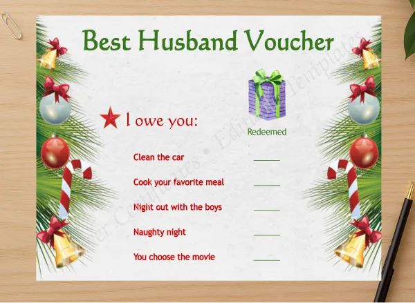 Professional preview of Best Husband Voucher certificate on high-quality stationery paper, ideal for showcasing the final look.