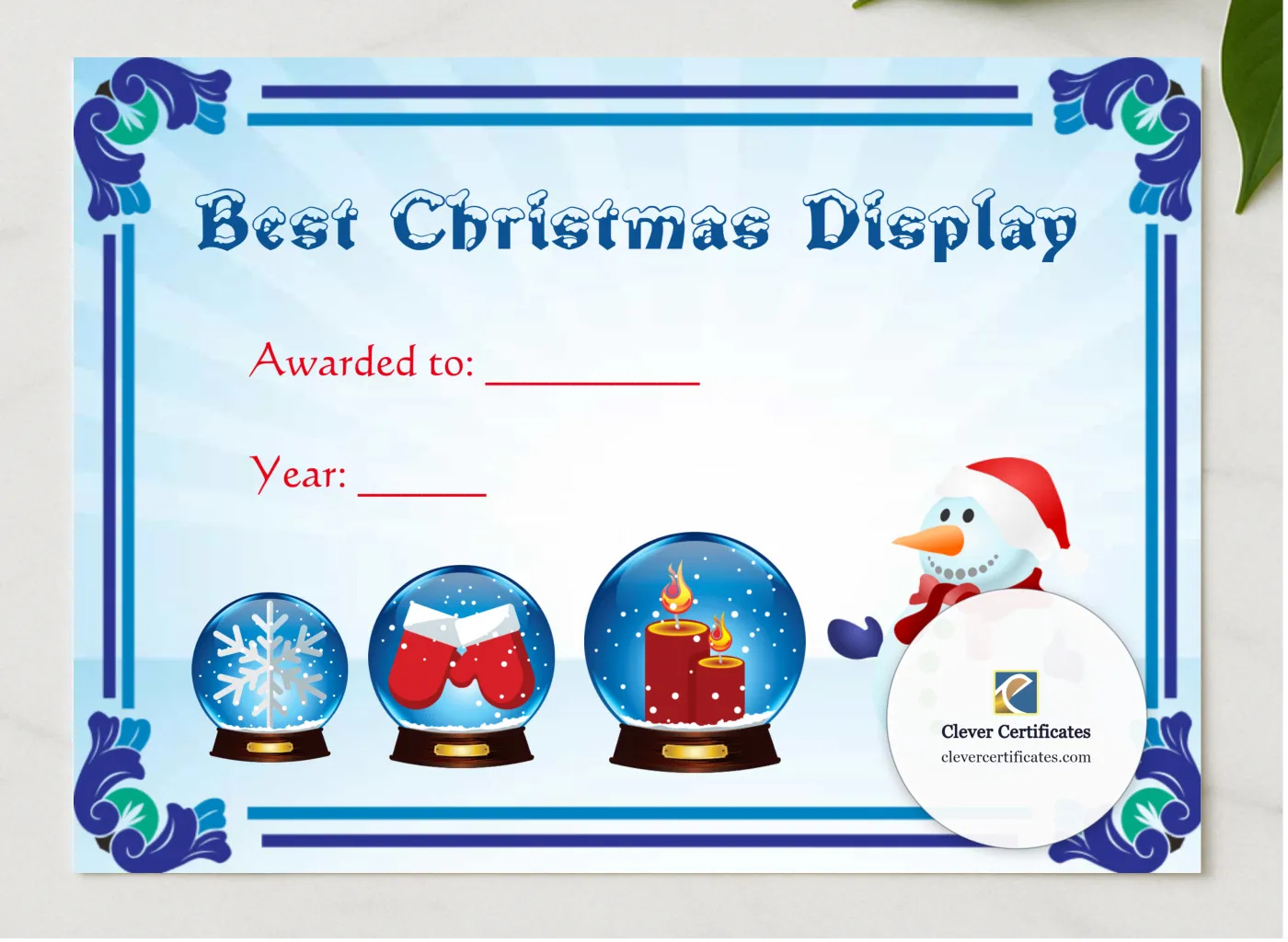 Best Christmas Display Award presented in a sleek wooden frame, elegantly arranged on a stylish table.