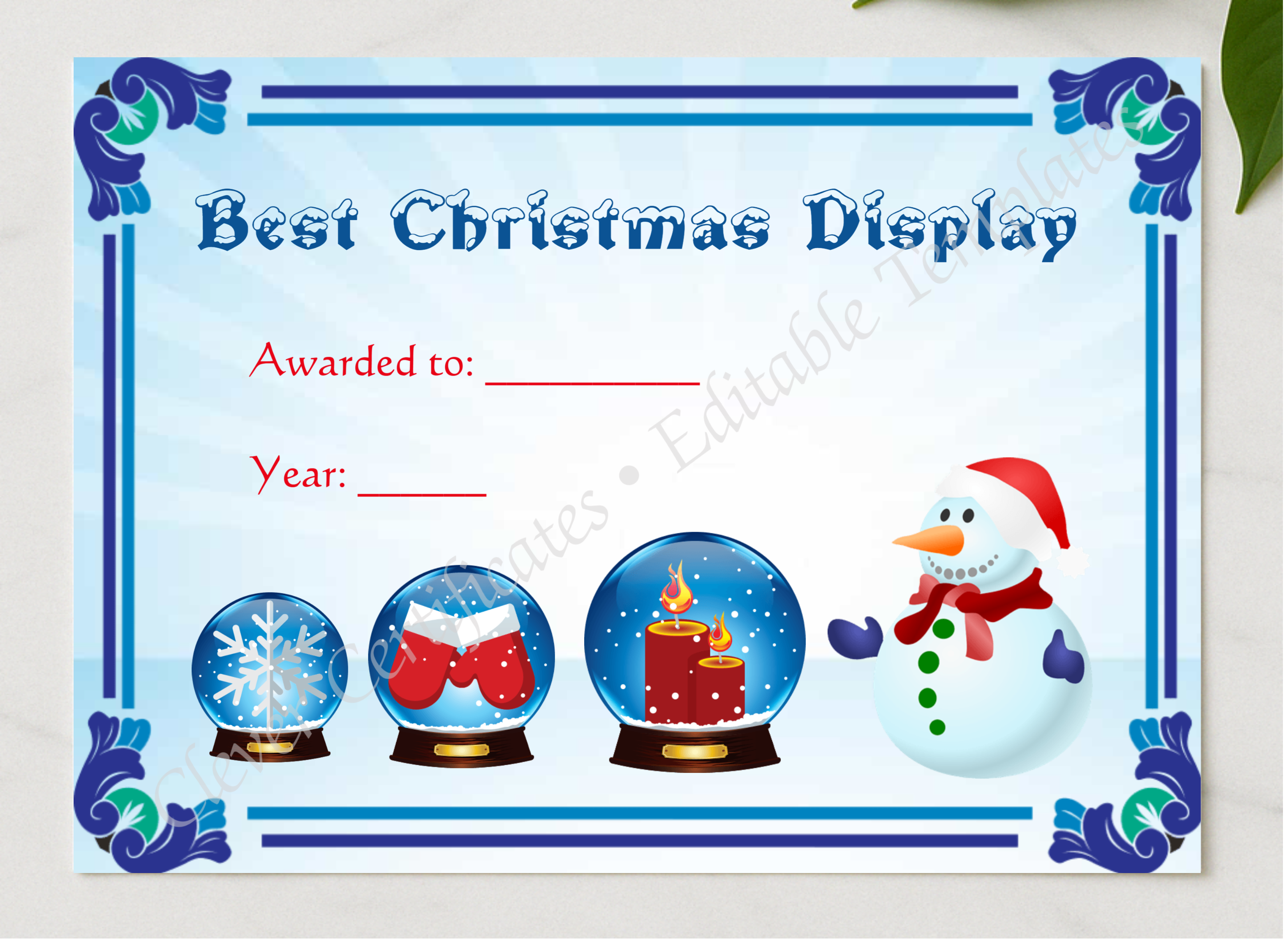 Best Christmas Display Award presented in a sleek wooden frame, elegantly arranged on a stylish table.