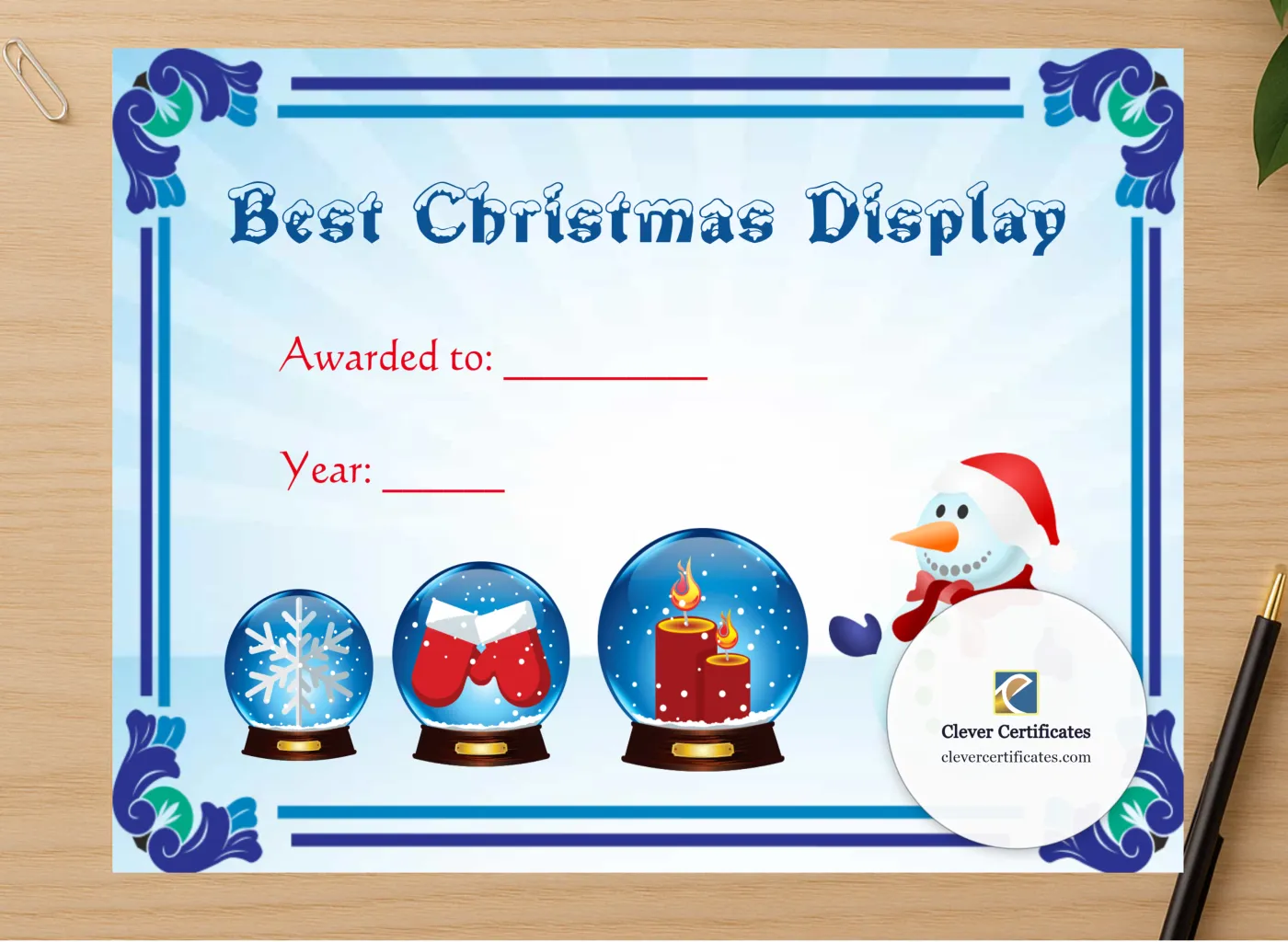 Professional preview of Best Christmas Display Award certificate on high-quality stationery paper, ideal for showcasing the final look.
