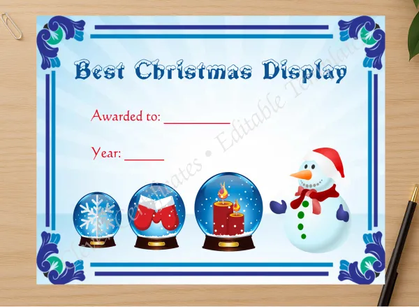 Professional preview of Best Christmas Display Award certificate on high-quality stationery paper, ideal for showcasing the final look.