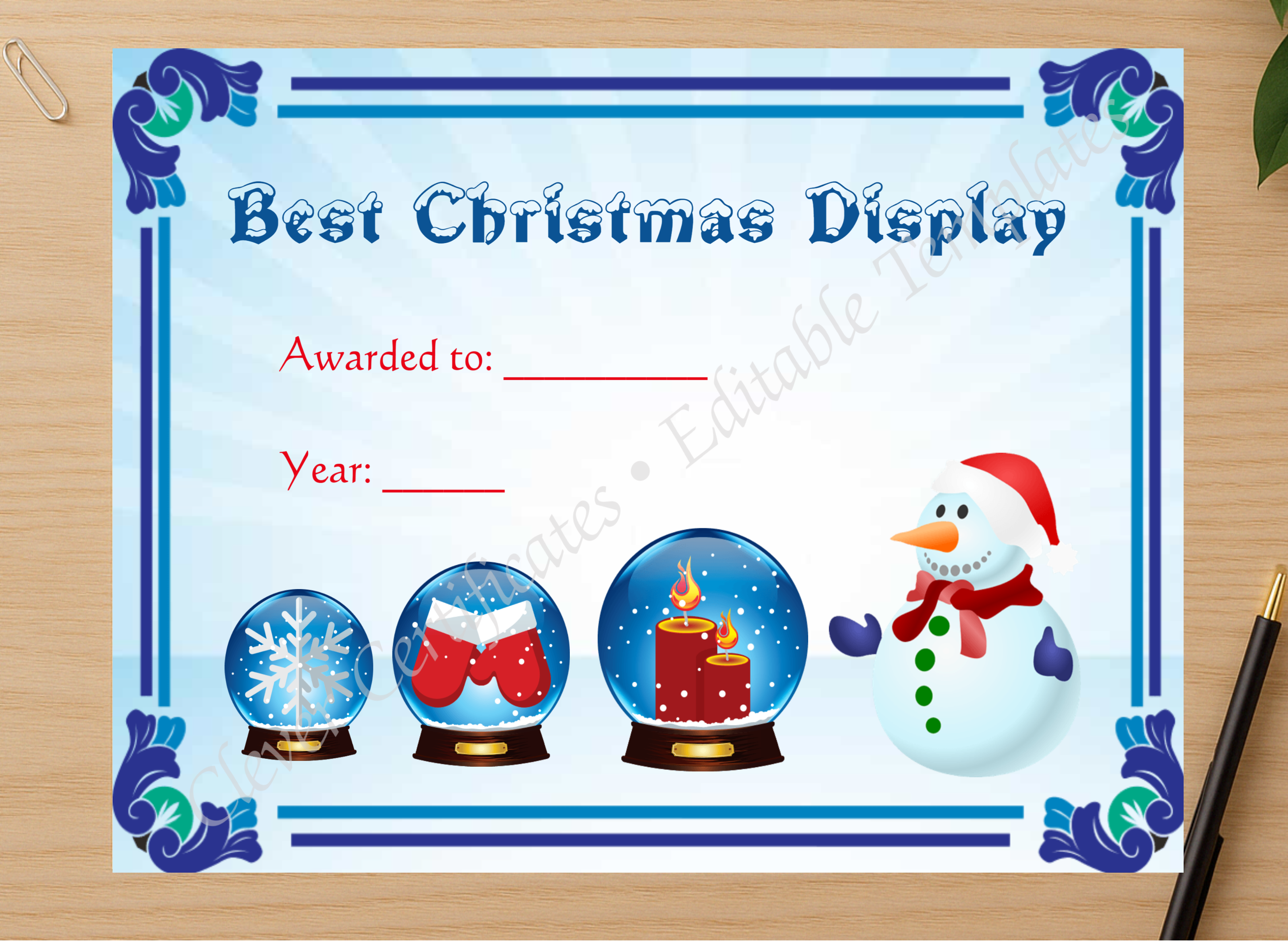 Professional preview of Best Christmas Display Award certificate on high-quality stationery paper, ideal for showcasing the final look.
