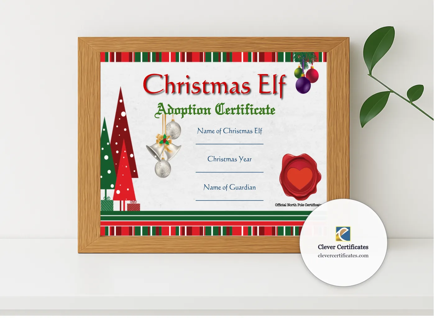 Realistic mockup featuring Elf Adoption Certificate displayed within a modern frame, set against a minimalistic background.