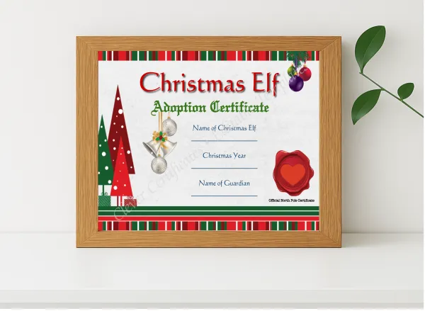 Realistic mockup featuring Elf Adoption Certificate displayed within a modern frame, set against a minimalistic background.