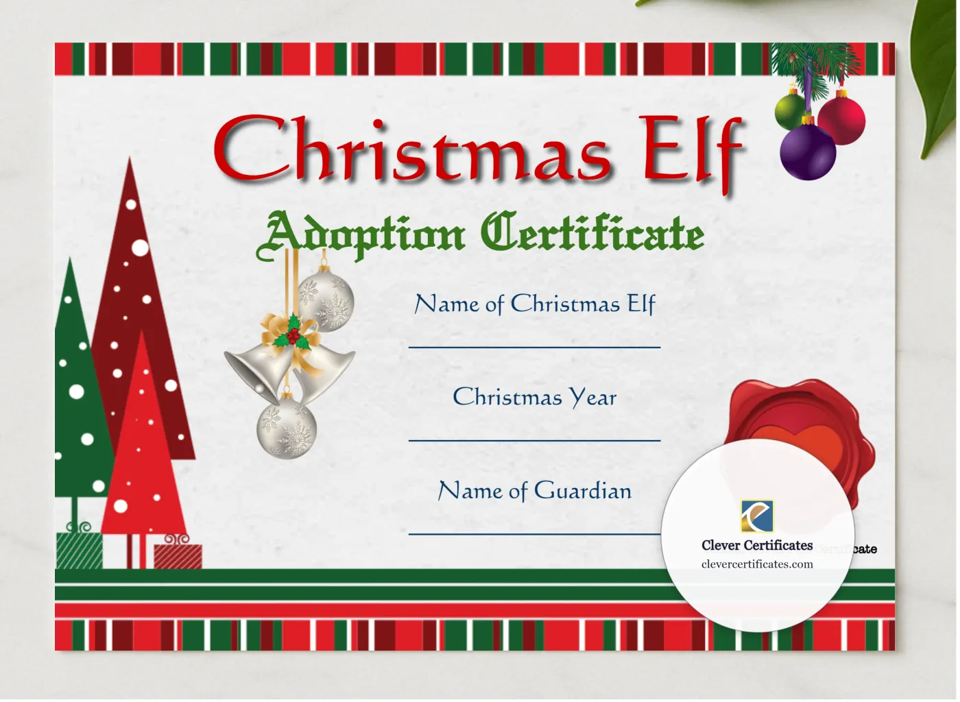 Elf Adoption Certificate presented in a sleek wooden frame, elegantly arranged on a stylish table.
