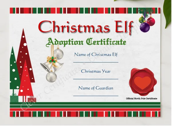 Elf Adoption Certificate presented in a sleek wooden frame, elegantly arranged on a stylish table.
