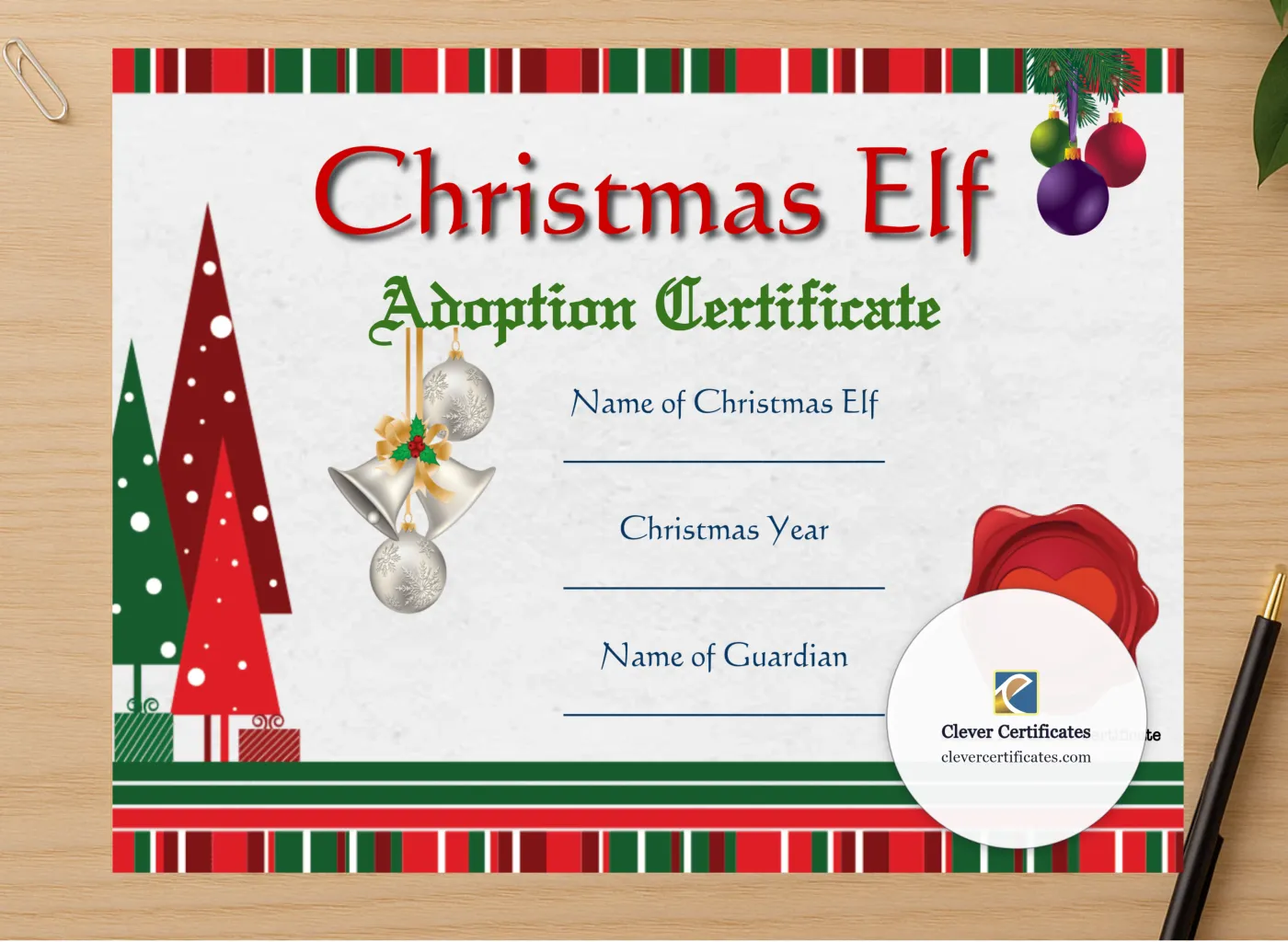 Professional preview of Elf Adoption Certificate certificate on high-quality stationery paper, ideal for showcasing the final look.