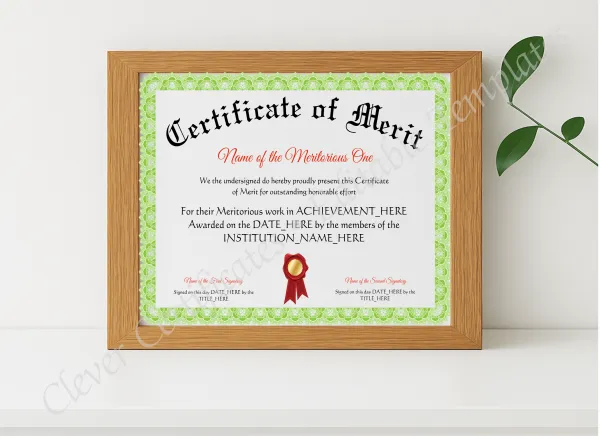 Realistic mockup featuring Certificate Of Merit displayed within a modern frame, set against a minimalistic background.