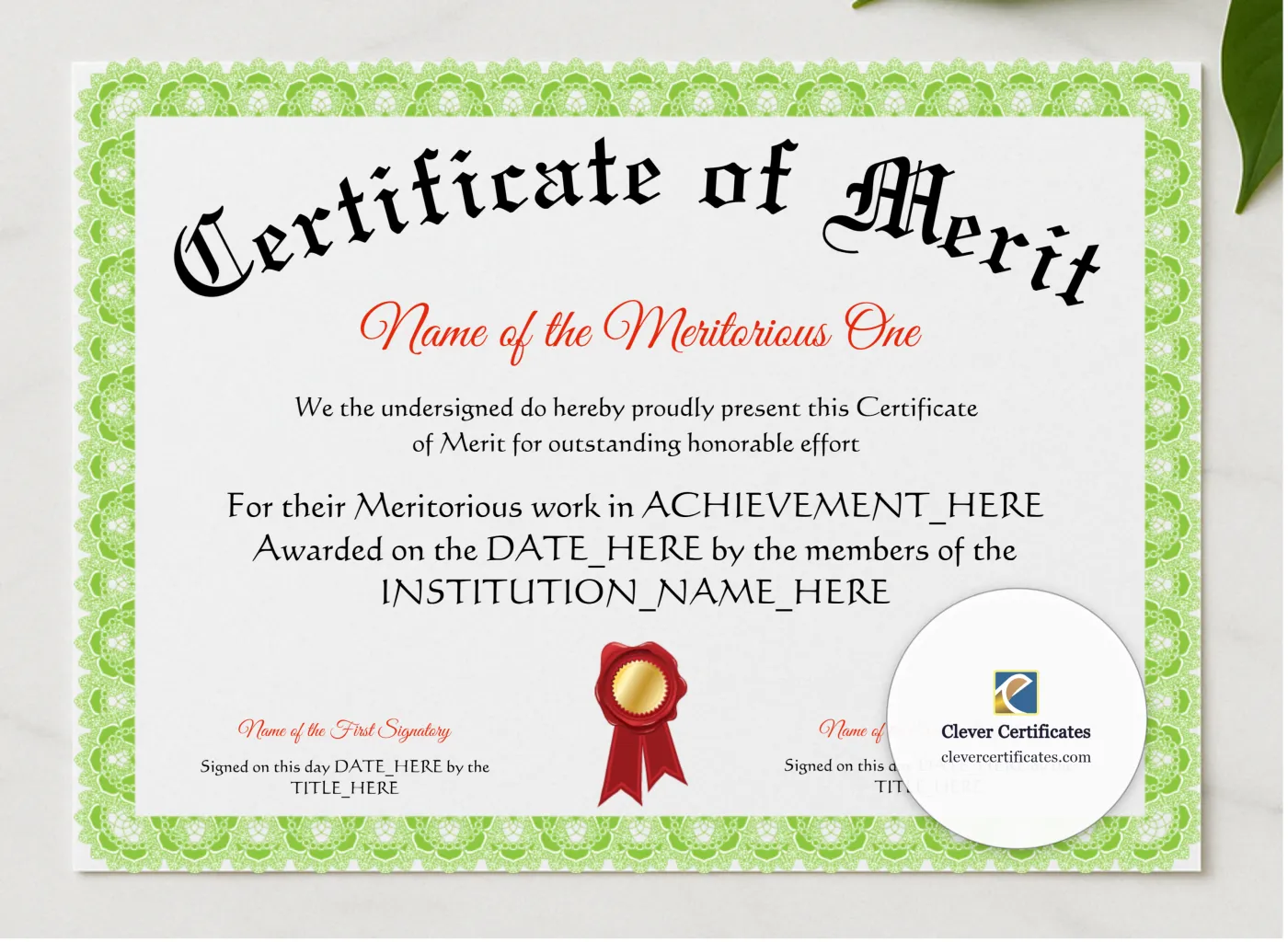 Certificate Of Merit presented in a sleek wooden frame, elegantly arranged on a stylish table.
