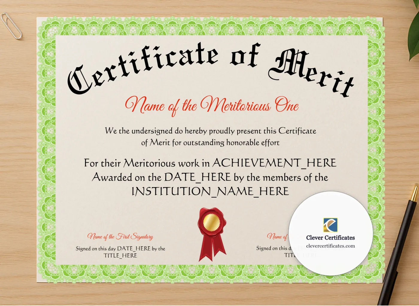 Professional preview of Certificate Of Merit certificate on high-quality stationery paper, ideal for showcasing the final look.