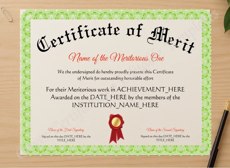 Professional preview of Certificate Of Merit certificate on high-quality stationery paper, ideal for showcasing the final look.