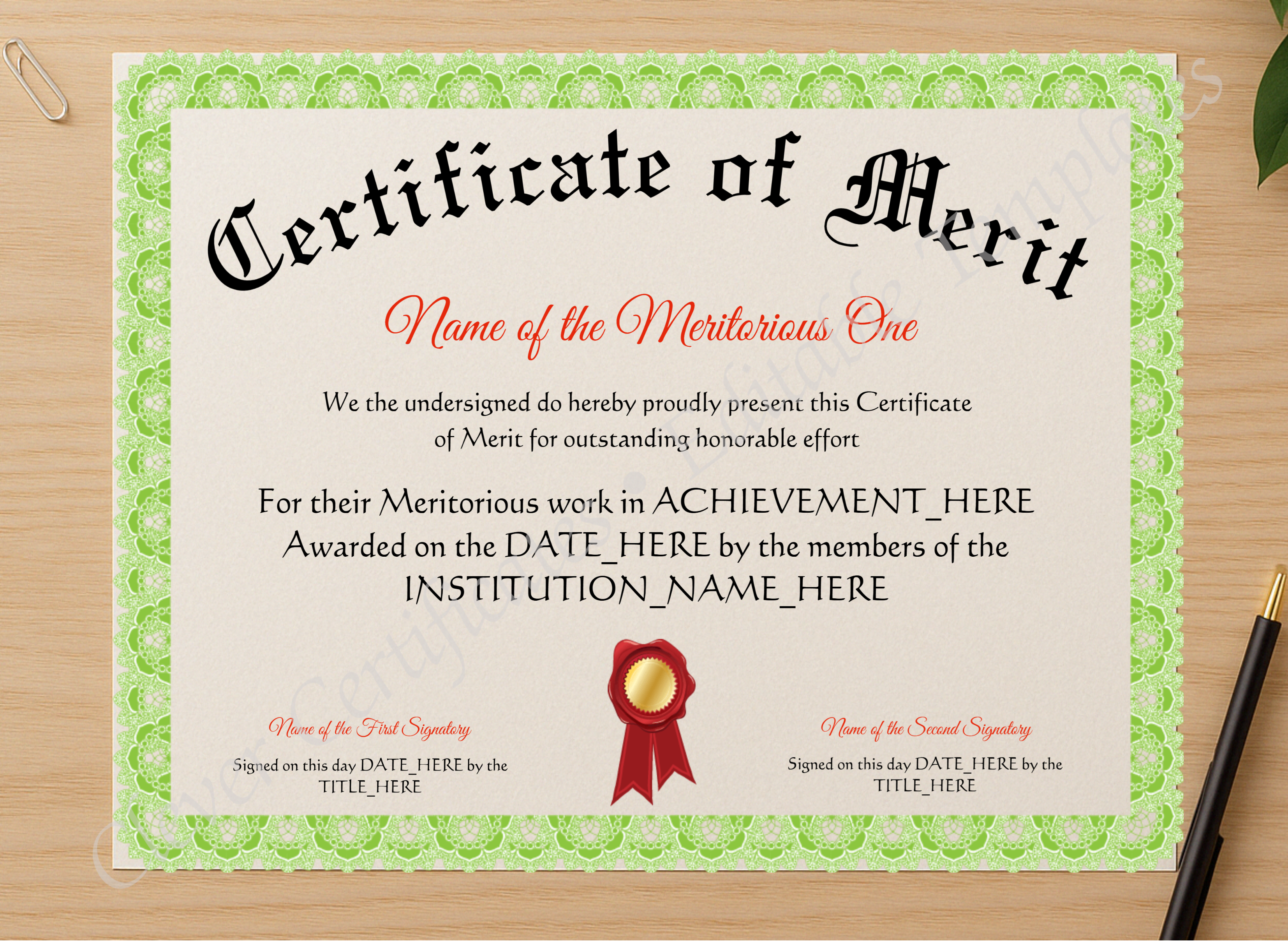 Professional preview of Certificate Of Merit certificate on high-quality stationery paper, ideal for showcasing the final look.