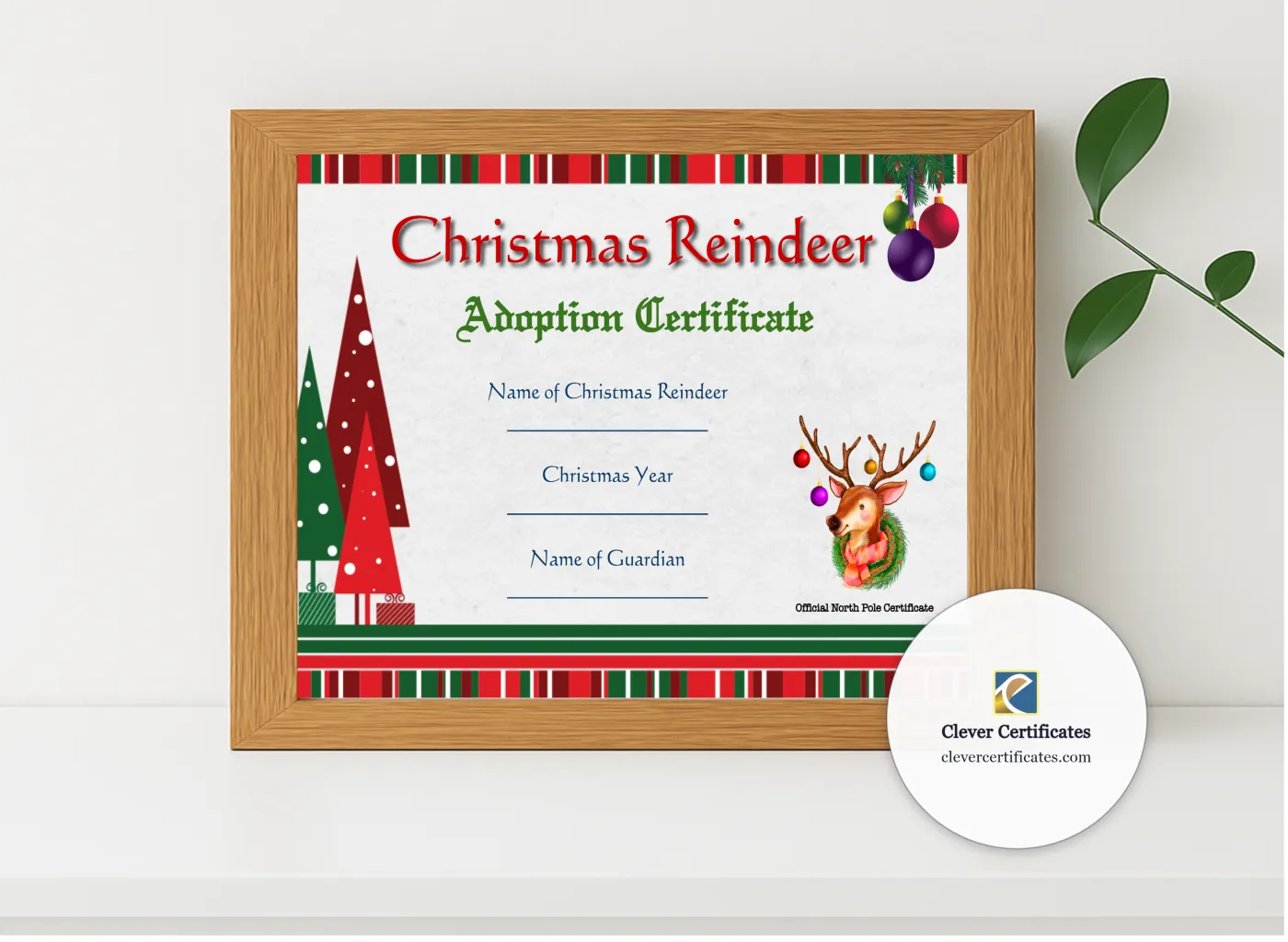 Realistic mockup featuring Reindeer Adoption Certificate displayed within a modern frame, set against a minimalistic background.